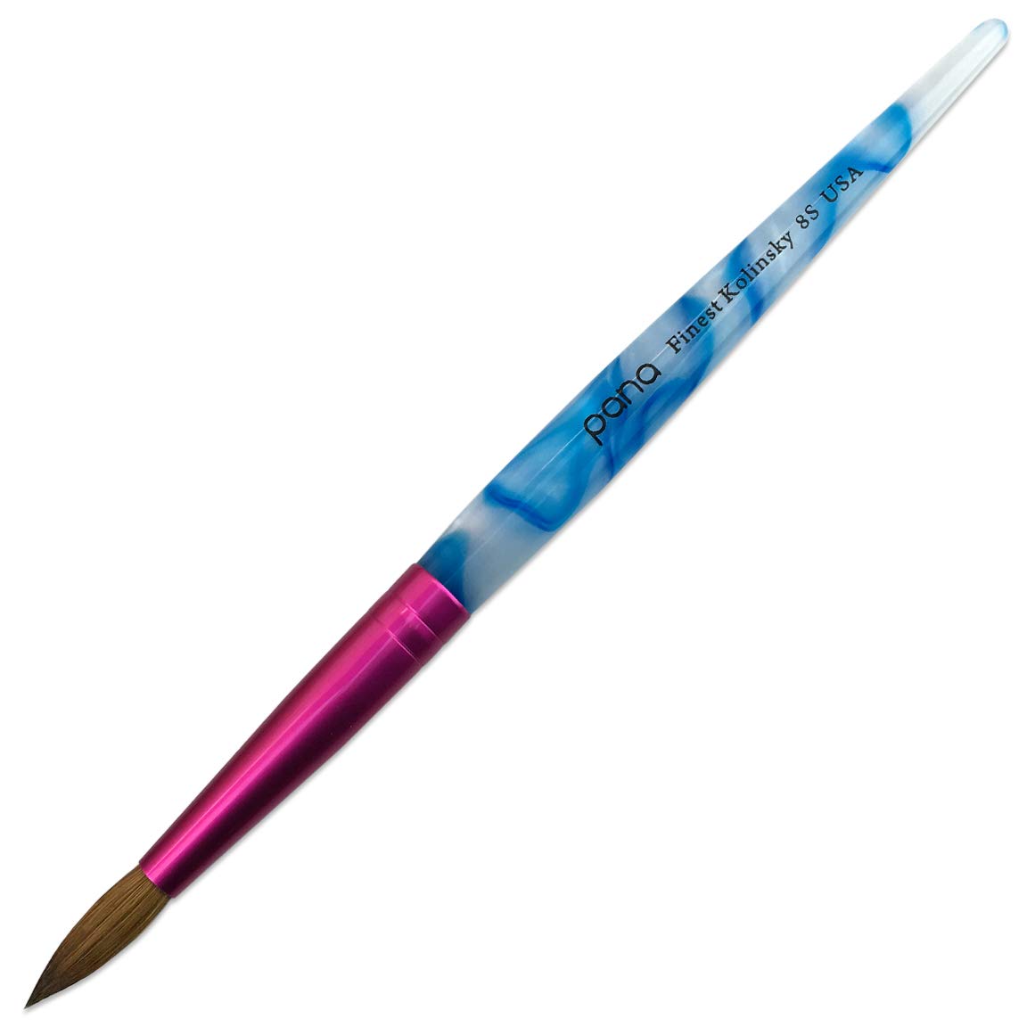 PANA USA Acrylic Nail Brush Pure Kolinsky Hair Acrylic White Swirl Blue Handle with Pink Ferrule Round Shaped - Size 8