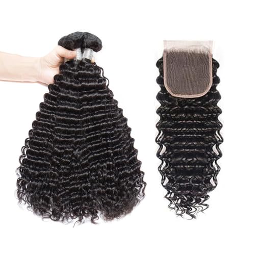 Deep Wave Bundles with Closure Human Hair 16 18 20 inch Human Hair Bundles with 14 inch 5x5 HD Lace Closure Free Part 100% Unprocessed Virgin Hair Bundles Natural Color Soft