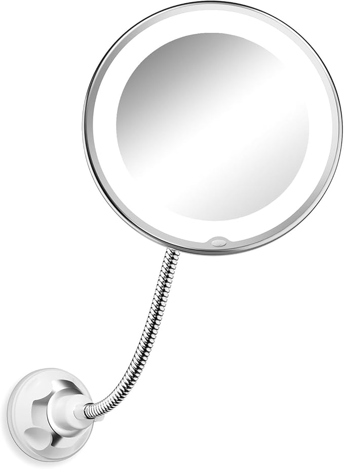 10x Magnifying Mirror with Light, Flexible Gooseneck Make up Mirror with Lights and Magnification, Battery Operated Cordless with Suction Cups for Wall Bathroom