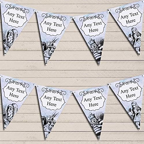 Mad Hatters Tea Alice in Wonderland Vintage Blue Personalized Birthday Party Bunting - Hanging Party Decoration - Birthday Party Banner Garland | Decorative Party Supplies