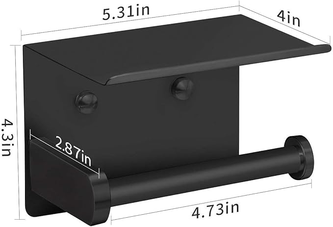 VAEHOLD Self Adhesive Toilet Paper Holder with Phone Shelf Stainless Steel Wall Mounted Toilet Paper Roll Holder - Rustproof and Bathroom Washroom Tissue Roll Holder with Shelf - Black