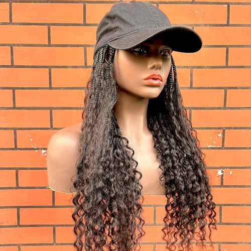 Boho Box Braids Hat Wigs with Human Hair Curly Ends Grab-and-Go Boho Braided Hair Extensions with Baseball Cap for Women Natural Black