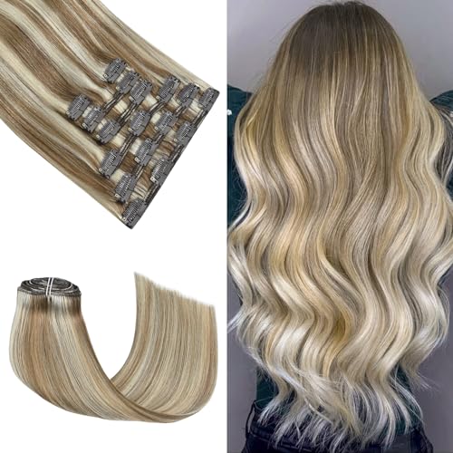 Honsoo Balayage Hair Extensions Real Human Hair Clip Ins 16in Ash Blonde To Platinum Blonde 120g 7pcs Can Be Styled Hair Extensions For Thin Hair