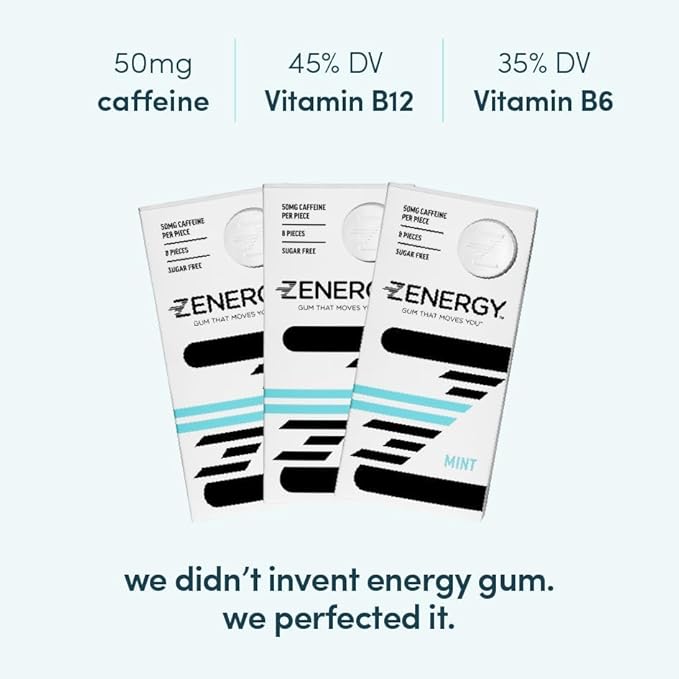 ZENERGY Energy Gum - Mint Flavor | 50mg Caffeine + 35% B6 and 45% B12 Vitamin | Vegan, 0 Sugar, 0 Calories, 0 Gluten, 0 Aspartame, Non-GMO, Instant Action | 3 Pack = 24 Count