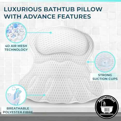 Bathtub Pillow, Luxury Bath Pillows for tub Neck, Back and Shoulder Support, Thick Padded, Ergonomic Bath Tub Pillow with 4D Air Mesh Cushions, Strong Suction Cups, Relaxing Bath Accessories Spa Gifts