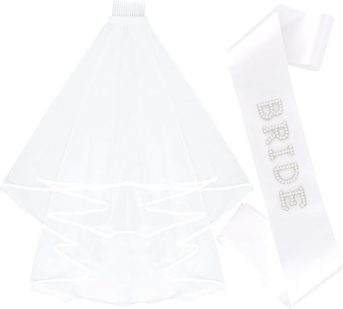 Bride to Be Set: Pearl-Trimmed Heart Sunglasses, Pearl BRIDE Sash & Tulle Veil - Bachelorette Party Bridal Accessories