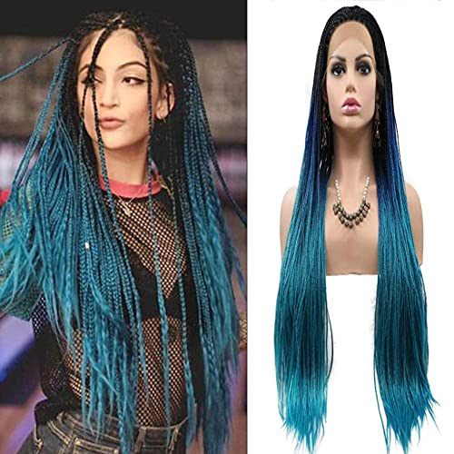 Braided Wigs for Black Women Ombre Blue Lace Front Wig Box Braided Lace Frontal Wigs Natural Hairline Synthetic Wigs Handmade Micro Braids Free Part Glueless Hair Replacement Wigs Cosplay Daily
