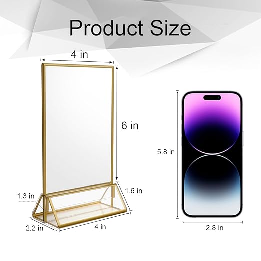 NIUBEE 6Pack 4 x 6 Clear Acrylic Sign Holder with Gold Borders and Vertical Stand, Double Sided Table Menu Holders Picture Frames for Wedding Table Numbers, Restaurant Signs, Photos and Art Display