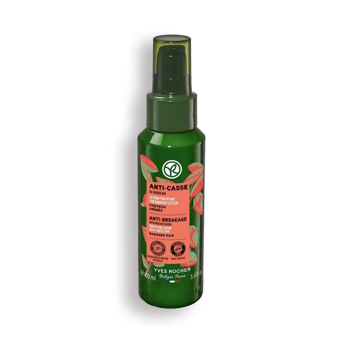 Yves Rocher Anti-Breakage Fortifying Serum with Organic Jojoba Oil Nourishes, Restores, and Protects Hair from Heat Damage up to 230°C – 100 ml./3.3 fl.oz.