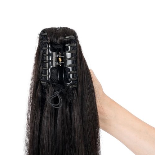 TESS Human Hair Claw Clip Ponytail Extension Real Remy Hair long ponytail extension for Women Straight, 16 Inch, Natural Black