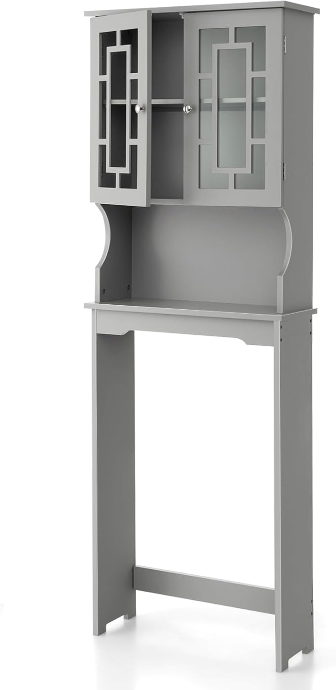 BestComfort Wooden Over The Toilet Storage Cabinet, Home Bathroom Space Saver, Double Doors, Adjustable Shelf Organizer, Open Storage Shelf, Freestanding Toilet Storage Rack Unit (Gray), Grey