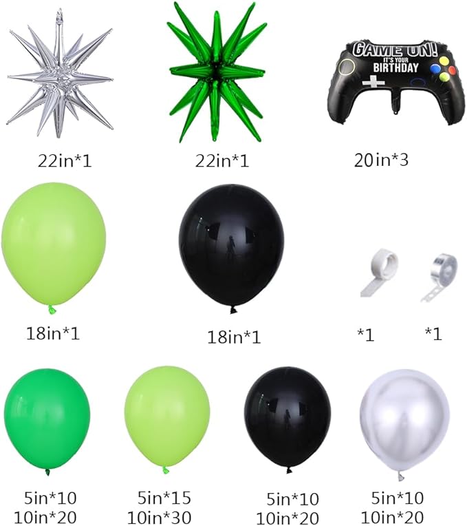 144Pcs Video Game Balloon Arch Garland Kit Green Black Silver Explosion Star Game Controller Mylar Balloons for Boys Kids Game On Level Favor Theme Birthday Party Decorations