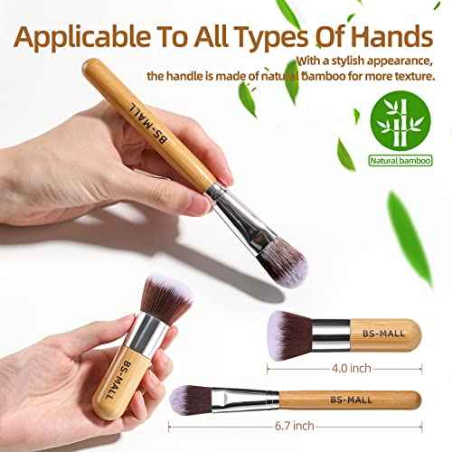 BS-MALL Makeup Brush Set 11Pcs Bamboo Synthetic Kabuki Brush Set Foundation Powder Blending Concealer Eye shadows Blush Cosmetics Brushes with Organizer Bag & Makeup Sponge (style, Count, 12)