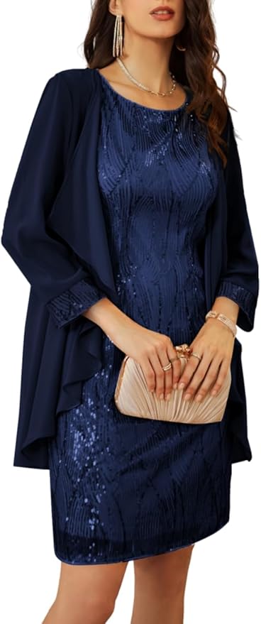 GRACE KARIN Women's Sequin Dress - Wedding Guest & Mother of The Bride Formal Dress - Two Piece Knee Length