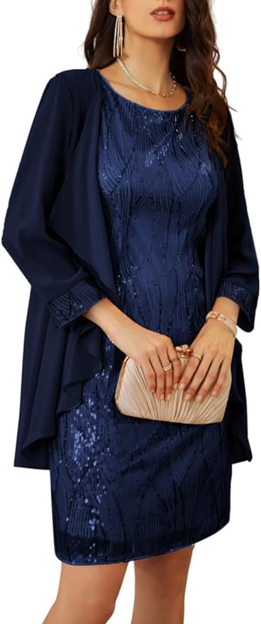 GRACE KARIN Women's Sequin Dress - Wedding Guest & Mother of The Bride Formal Dress - Two Piece Knee Length