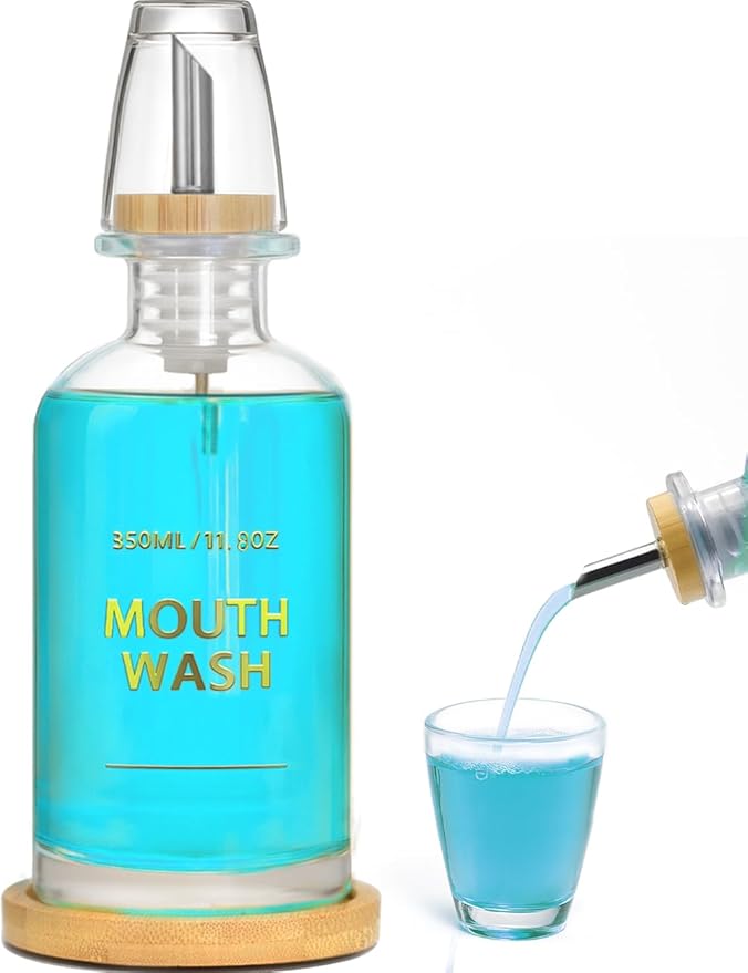 Mouthwash Dispenser for Bathroom 11.8oz – Clear Glass Mouthwash Bottle with Bamboo Tray, Silicone Base, Gold Hot-Stamped Lettering, Refillable Mouthwash Container for Bathroom (Clear)