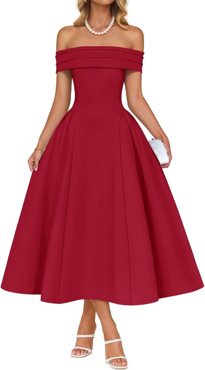 ZESICA Summer 2026 Cocktail Dresses for Women's Off Shoulder Short Sleeve Swing A Line Wedding Evening Party Midi Dress