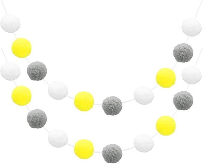uxcell 2pcs Pom Pom Garland 6.6 Ft 30 Balls Colorful Felt Ball Garland for Wall Christmas Tree Decor Birthday Banner Easter Party Decorations, White, Yellow, Grey