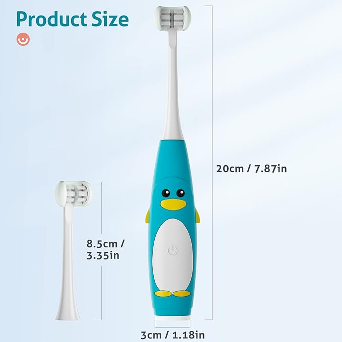 RAZOKO Kids Electric Toothbrush 3 Sided Toothbrush,Sonic Toddler Toothbrush with 2 Brush Heads, Intelligent Timer 5 Gears Adjustment,Ipx7 Waterproof,USB Cable