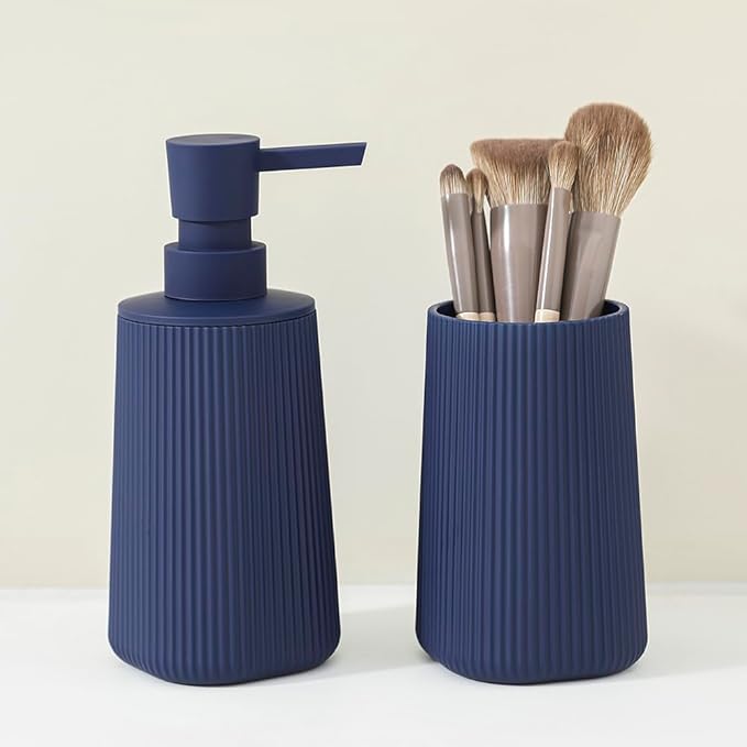 Bathroom Accessories 2 Piece Soap Dispenser and Toothbrush Holder Set Striped Navy Blue