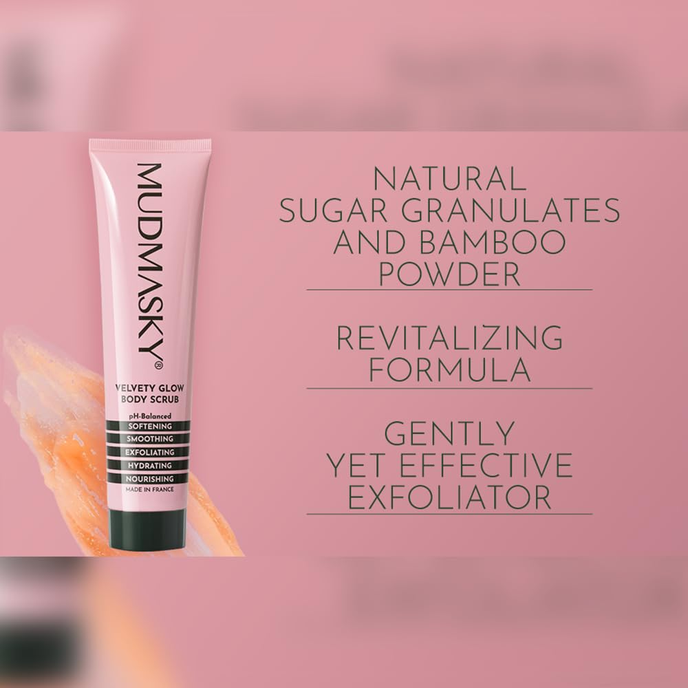 Mudmasky Velvety Glow Body Scrub 6.0 OZ. XXL-size - AS SEEN IN YOUR IPSY GLAM BAG - Exfoliating Bamboo Scrub. Made in France. No harsh chemicals. For Soft, Radiant Skin.