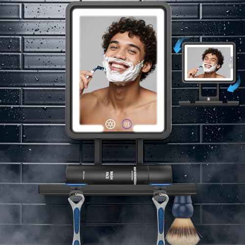 Shinowa Heated Shower Mirror Fogless for Shaving, 360¡Æ Adjustable Lighted Shower Mirror with 3 Color Modes, Rechargeable Anti Fog Shower Shaving Mirror with Large Storage Tray & Razor Holder, Black