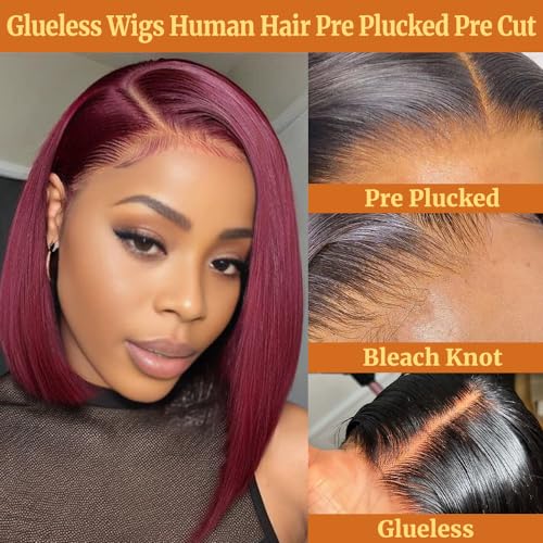 Bob Wig Human Hair Glueless 99J Burgundy 14 Inch 9x6 HD Lace Front Glueless Wigs Human Hair Pre Plucked Pre Cut 200% Density Straight Bob Wigs for Black Women