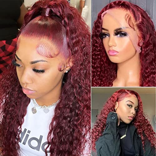 99j Burgundy Lace Front Wigs Human Hair Deep Wave 13x4 Hd Lace Frontal Wigs for Black Women Glueless Wigs Human Hair Pre Plucked Deep Curly Wet and Wavy Red Colored Lace Front Wig (26 Inch)