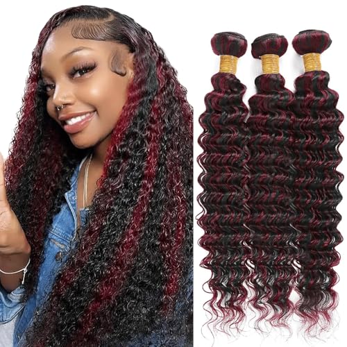 Highlight Bundle P1B99J Deep Wave Human Hair Bundles Two Tone Black Mixed With 99J Burgundy 3 Bundles 24 24 24 Inch Ombre Wine Red Bundle Hair Weave