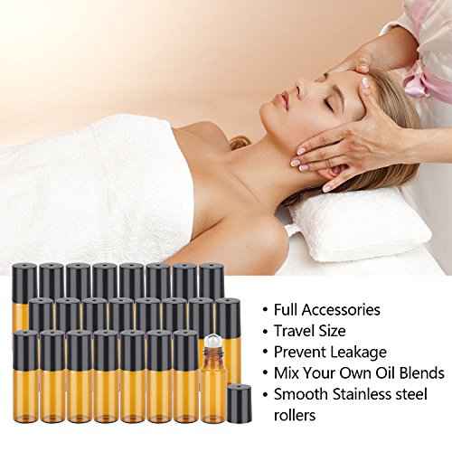 Easytle Essential Oil Roller Bottles, 24 Pack Amber Glass Balls Roller Bottles 5ml for Essential Oils, Roll on Bottle (96 Pieces Labels, 4 Funnels, 4 Dropper, 2 Opener)