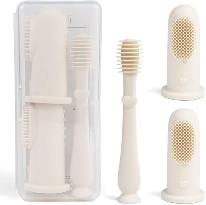 Ali+Oli Oral Care Set for Baby (Ivory) Includes Dual-Sided Baby Finger Toothbrush x 2, Tongue Scraper for Baby, Protective Case, BPA, Phthalate, and PVC Free, Food-Grade Baby Care Products for Infants
