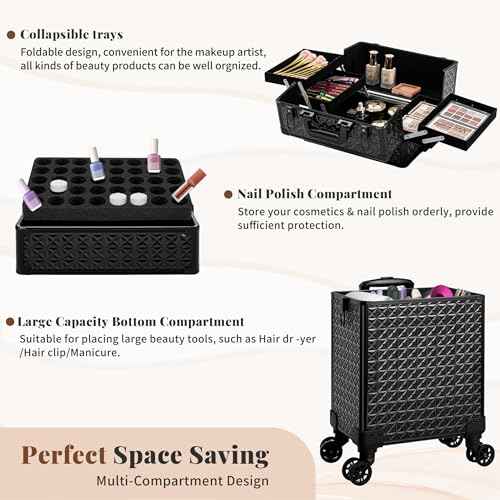 3 in 1 Rolling Makeup Train Case Professional Large Cosmetic Trolley Cosmetology Case on Wheels Traveling Cart Trunk for Hairstylist Artist Nail Beauty Salon Barber, Black