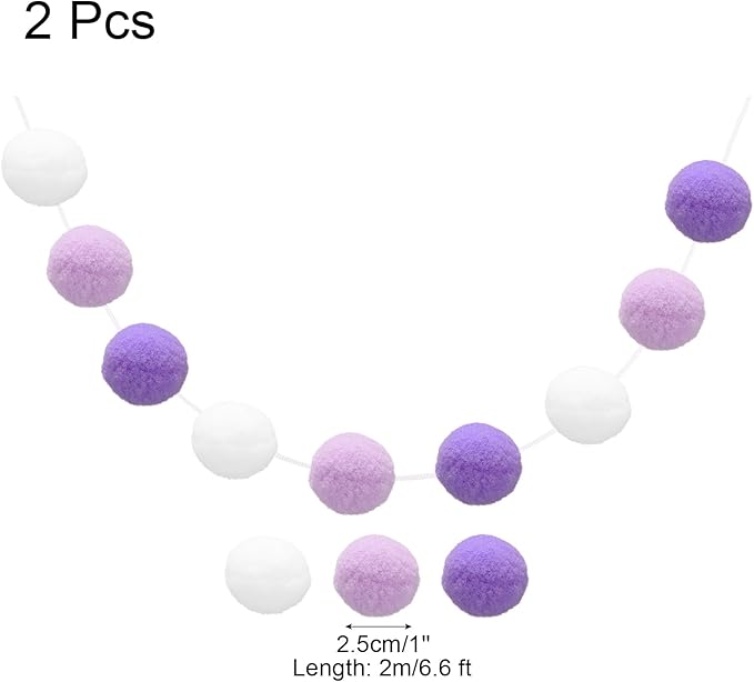 uxcell 2pcs Pom Pom Garland 6.6 Ft 30 Balls Colorful Felt Ball Garland for Wall Christmas Tree Decor Birthday Banner Easter Party Decorations, White, Light Purple, Deep Purple