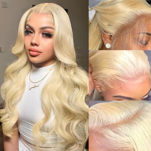 613 13x6 Lace Front Wig Human Hair 200 Density HD Body Wave Blonde Lace Front Pre Plucked Lace Frontal Wig, 24-Inch