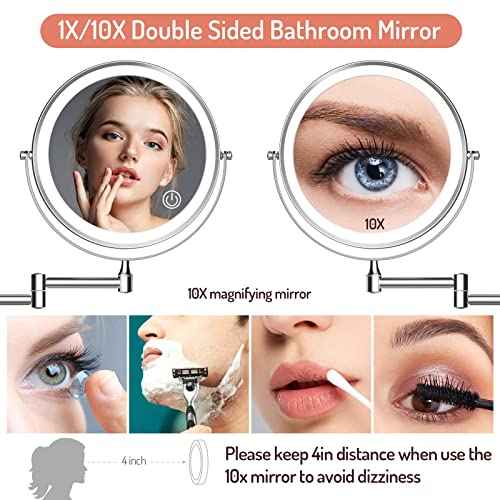 Rocollos Rechargeable Wall Mounted Lighted Makeup Mirror Chrome, 8 Inch Double-Sided LED Vanity Mirror 1X/10X Magnification,3 Color Lights Touch Screen Dimmable 360¡ÆSwivel 13 Inch Extendable