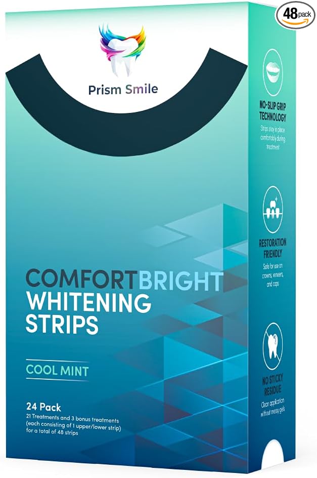 ComfortBright Cool Mint Teeth Whitening Strips, 24 Pack with Bonus Treatments, No-Slip Grip Technology, Professional Whitening Treatment