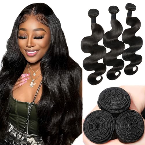 Human Hair Bundles Body Wave 12A Unprocessed Brazilian Virgin Weave 3 Bundles 18 20 22 Inch Real Human Hair Quick Weave Sew in Hair Double Weft Full and Thick Natural Black Wavy Hair for Women