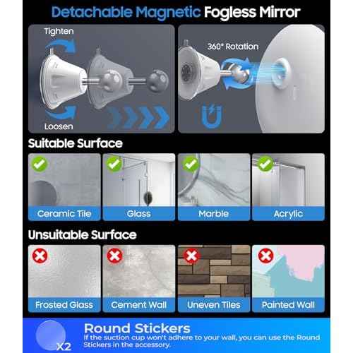 Gospire 3X Magnifying Heated Shower Mirror Fogless for Shaving, 5000mAh Battery, 360¡Æ Swivel & Magnetic Design, 8.3¡± Anti-Fog Shower Shaving Mirror with 3 Color Lights, Includes 2PCS Adhesive Hooks