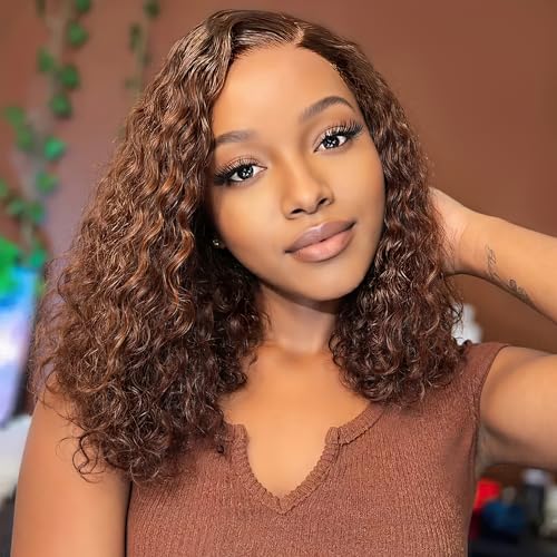 Chocolate Brown Bob Wig Human Hair 13x6 Deep Curly Wave Lace Frontal 4# Colored, 200 Density Short Wigs for Women Pre Plucked with Baby Hair Natural Hairline (14 Inch)