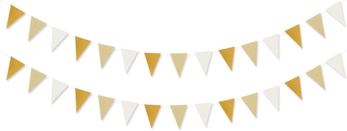 White-Gold Champagne Party-Decorations Banner,2 Pack Christmas Wedding Engagement Hanging Paper Triangle Pennant Flags Streamers,Bachelorette Neutral Baby Bridal Shower Supplies Decor Lasting Surprise
