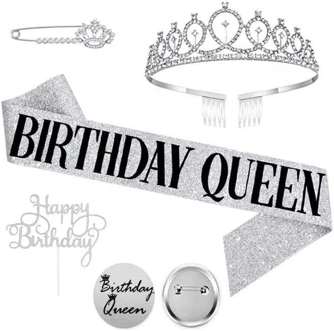 Birthday Sash, Birthday Crown, Birthday Cake Topper, Birthday Pin Button. Queen Sash and Birthday Tiara for women and Grils Birthday Decorations for Women MS4U (Silver)