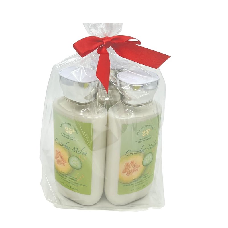 Bath & Body Works CUCUMBER MELON Body Lotion 8 fl oz Gift Set with a Red Bow for Holiday & Gifts Pack of 3 - Limited Edition