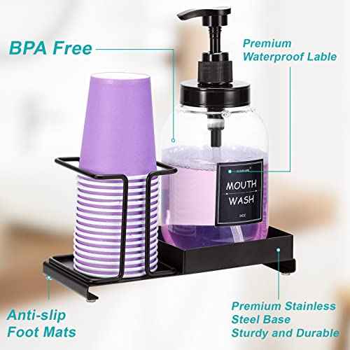 Mouthwash Dispenser for Bathroom,Mouth Wash Pump Bottle with Stainless Steel Cup Holder,24 OZ Refillable Clear Mouthwash Container,BPA Free,Black