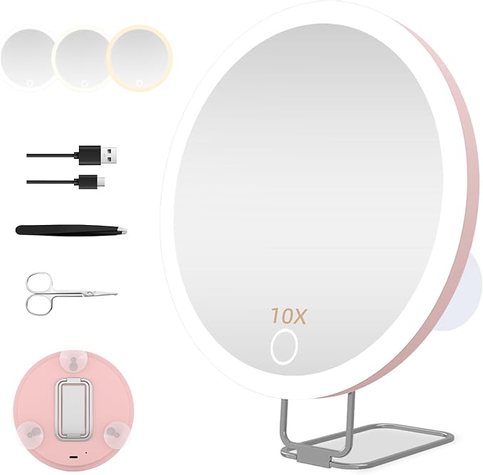 10x Magnifying Mirror with Light Large 6'' Lighted 10x Magnified Mirror with Suction Cups & Table Stand, 3 Color Modes Dimming High Magnification Travel Makeup Mirror with Tweezers & Scissors