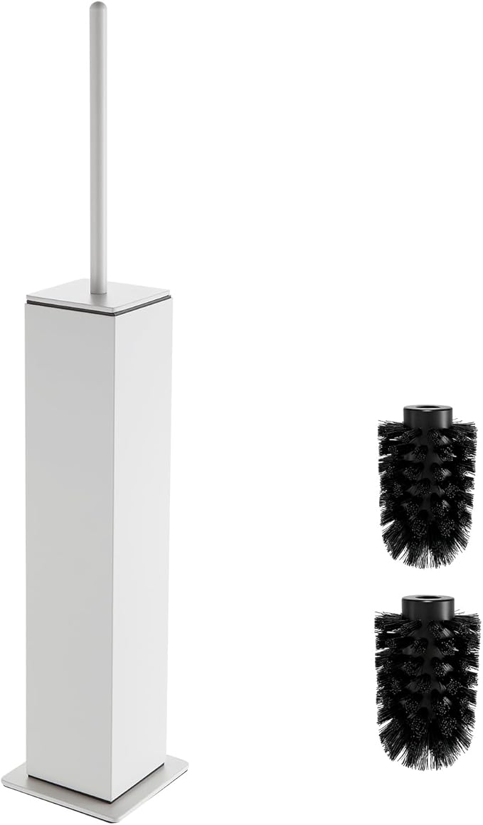 Toilet Brush and Holder Floor Standing, White with 2 Replaceable Heads, Bathroom Toilet Brush, Freestanding Toilet Bowl Brush with Removable Liner and Splash Guard, Modern Square Design