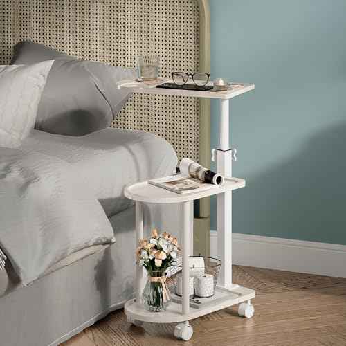 Bamboo 3-Layer Bathtub Tray Stand, Freestanding Rotating Caddy with Adjustable Height, Decorative Bathroom Shelf & Indoor Plant Stand, Spa Organizer for Tub Side Use, Vintage White
