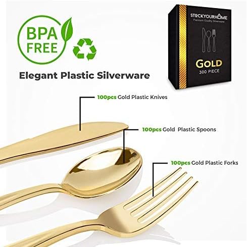Gold Plastic Silverware Set (300-Pack) – Disposable Heavy Duty Cutlery, 100 Forks, 100 Knives, 100 Spoons for Parties, Weddings, Dinners & Holidays