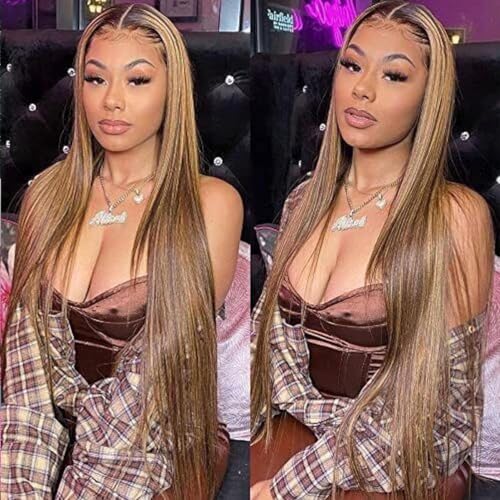 Highlight 13x4 HD Lace Front Wigs Human Hair 4/27 Honey Blonde Straight Transparent Lace Front Wigs Pre Plucked 12A Ombre Wigs Human Hair for Women 180% Density 24 Inch