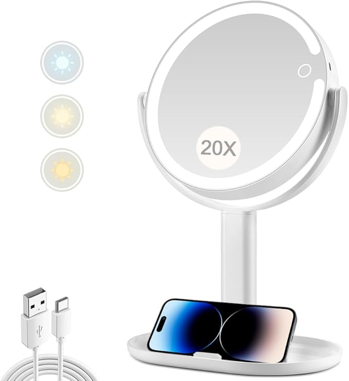 Makeup Mirror with Lights,20X Magnifying Mirror with Light and Touch Switch,Vanity Mirror with 3 Color Light and 80 LEDs,2-Sided Lighted Magnified Mirror 8.8 Inches