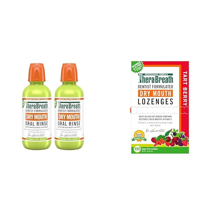 TheraBreath Dry Mouth Oral Rinse, Tingling Mint, Dentist Formulated, 16 Fl Oz (2-Pack) & Dry Mouth Lozenges with ZINC, Tart Berry Flavor, 100 Lozenges